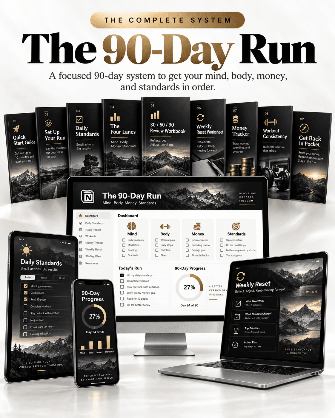 The 90-Day Run product mockup showing the Notion dashboard, trackers, and companion guides on desktop and mobile devices.